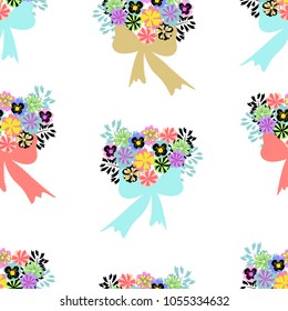 Flower bouquets and bows seamless pattern. Fresh bright joyful vector background with different small flowers. Floral design.