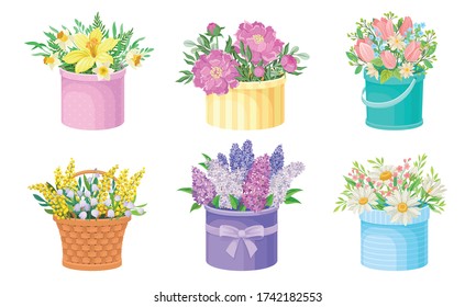 Flower Bouquets and Bunches Rested in Basket and Carton Gift Box Vector Set