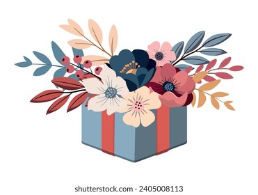 Flower Bouquets and Bunches Rested in Basket and Carton Gift Box Vector Set. Valentine's Day love greeting card with flowers gift