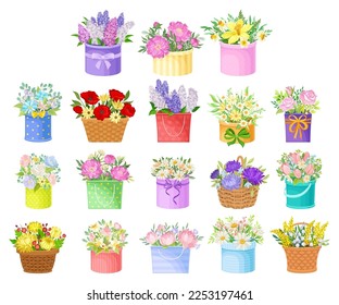 Flower Bouquets and Bunches in Wicker Basket and Carton Gift Box Big Vector Set