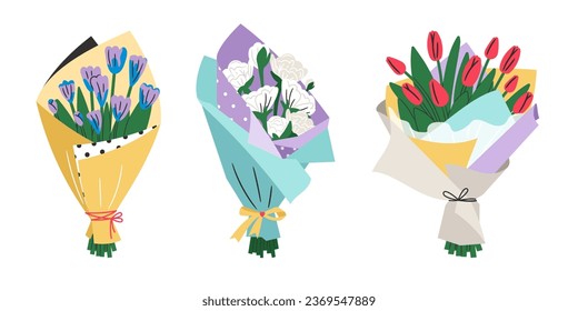 Flower bouquets with cartoon blooming peony and tulip. Isolated vector garden flowers in colorful paper packaging. Botanical decoration set of floral bouquet illustration