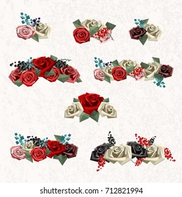 Flower bouquets consisting of roses and decorative branches set in low poly style. Vector illustration. Light textured background