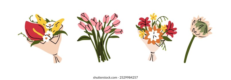 Flower bouquets, floral arrangements set. Spring and summer blossoms arranged as gift bunch, nature decoration. Fresh blooms, protea, tulips. Flat vector illustration isolated on white background