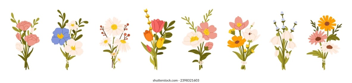 Flower bouquets. Garden blossoming flowers with stem and leaves, floral bouquet. Various cartoon romantic flowering plant for Woman and Mother day. Vector set. Springtime floral celebration