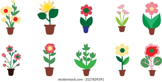 Flower bouquets. Garden blossoming flowers with stem and leaves, floral bouquet. Various cartoon romantic flowering plant for Woman and Mother day. Vector set. Springtime floral celebration