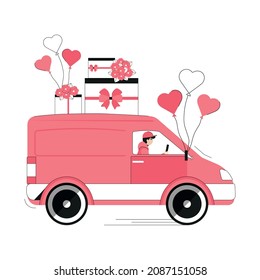 Flower bouquets and gifts delivery by car. Holiday delivery. Flat cartoon style.