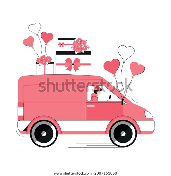 Flower bouquets and gifts delivery by car. Holiday\
delivery. Flat cartoon\
style.