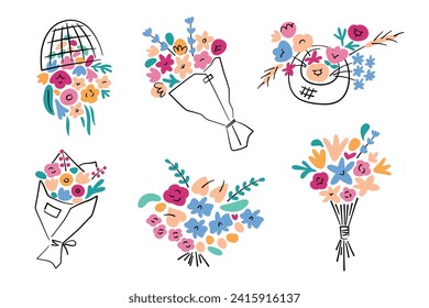 Flower bouquets hand drawn collection, doodle icons of flower arrangements, vector illustrations of roses, tulips, floral decoration for wedding, present for Valentines Day, Mothers Day, Womens Day