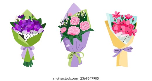 Flower bouquets. Isolated vector garden flowers in colorful paper packaging. Botanical decoration set of bouquet floral, flower illustration garden