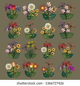 Flower bouquets. Multi-colored summer flowers. Nature is blooming and joyful. Vector illustration