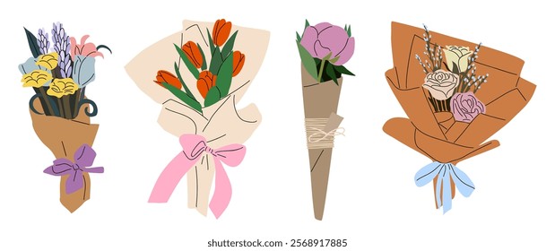 Flower bouquets in paper wrap set. Floral arrangement designs, spring blossom bundles, floristic bunches. Birthday blooms for gift. Flat vector illustrations isolated on white background