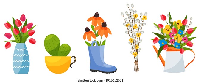 Flower bouquets and plants in different pots. Colorful spring and summer vector illustration.