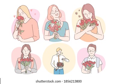 Flower bouquets as presents for women concept. Happy smiling women cartoon characters holding flowers bouquets as gifts for holiday and men preparing flowers for dear women for dating 