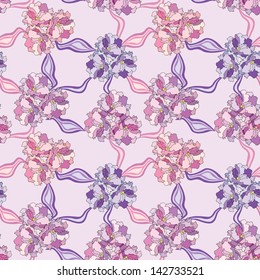 Flower bouquets with ribbons seamless background. Floral lilac repeating pattern.
