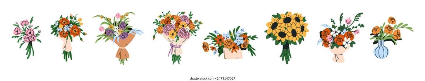 Flower bouquets set. Floral arrangement designs, spring blossom bundles, floristic bunches. Birthday blooms in paper wrap, box, vase for gift. Flat vector illustration isolated on white background