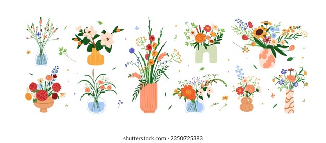 Flower bouquets set. Floral bunches in vases. Cut garden and field blooms, blossomed spring summer plants arrangements. Nature decoration. Flat graphic vector illustration isolated on white background