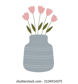 Flower bouquets of tulips in trendy ceramic vase jug. Cute elegant simple flat botanical illustration. Spring Green. Illustration for floral cards, shops, 8 of March and Easter decor.