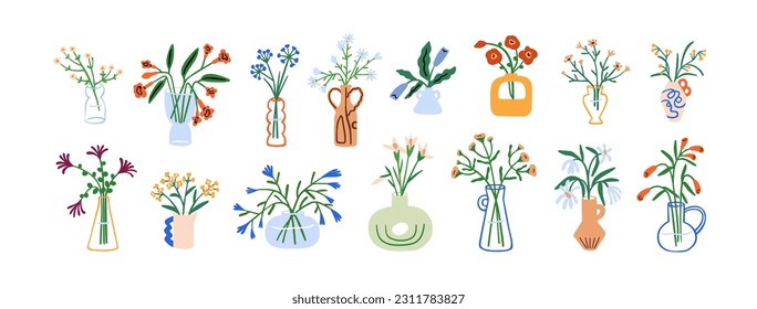 Flower bouquets in vase set. Blossomed floral plants, bunches, posies in glass and ceramic pitchers. Spring and summer field and garden blooms. Flat vector illustrations isolated on white background