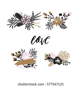Flower bouquets, vector floral set.  Gold and pink. Spring collection with succulents, branches, leafs, cotton and hand drawn text