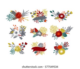 Flower bouquets, vector floral set. Spring collection with succulents, ribbon, branches, leafs, cotton on white background