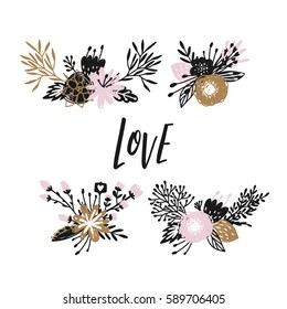Flower bouquets, vector floral set.  Gold and pink. Spring collection with succulents, branches, leafs, cotton and hand drawn text