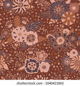 Flower bouquets vector seamless pattern. Floral decorative brown background. Flowers, plants and herbs colorful texture in doodle style