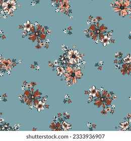 Flower Bouquets Vector Seamless Pattern. Simple Flower Garlands. Ditsy Fashion Print. Millefleurs Liberty Style. Floral Design. Blooming Meadow. Small Wildflowers Vintage Blue Background.