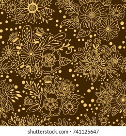 Flower bouquets vector seamless pattern. Floral decorative brown background with gold ornaments. Flowers, plants and herbs colorful texture in doodle style for wedding invitation and different design
