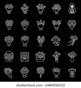 Ramos de flores, iconos de línea blanca. Elaboración, embalaje y entrega de arreglos florales. Ideal para floristería y temas de regalo. Símbolos sobre fondo negro. Trazo editable.