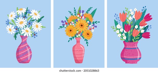 flower bouquets in wrapping and blooming plant. gerberas and chamomile, strawberry. tulip composition. Decorative florist shop item.