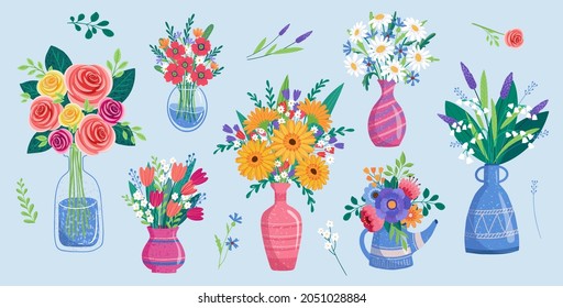 flower bouquets in wrapping and blooming plant. gerberas and chamomile, rose, tulip, lilies of the valley composition. Decorative florist shop item on blue background