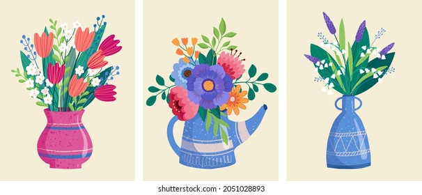 flower bouquets in wrapping and blooming plant. gerberas and chamomile, strawberry. tulip composition. Decorative florist shop item.