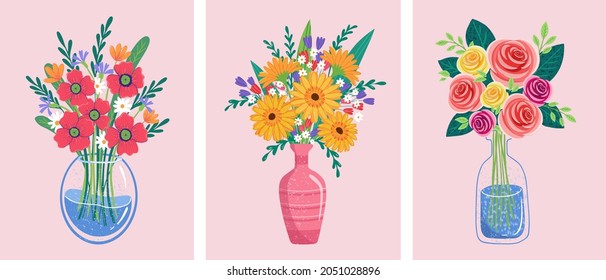 flower bouquets in wrapping and blooming plant. gerberas and chamomile, strawberry. tulip composition. Decorative florist shop item.