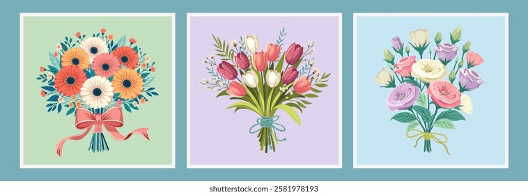 flower bouquets in wrapping and blooming plant. Compositions for a florist shop. Eustoma, gerberas, tulips. Happy holidays. Vector illustration isolated on color background.