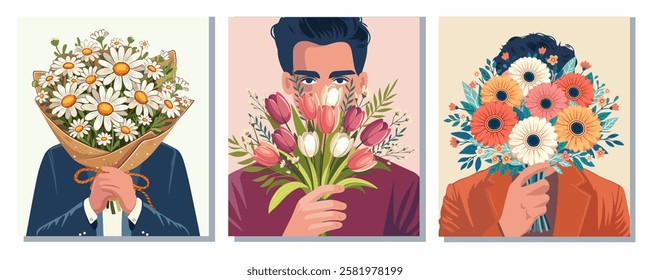 flower bouquets in wrapping and blooming plant hand holding man Compositions for a florist shop. Chamomile, gerberas, tulips. Happy holidays. Vector illustration isolated on color background.