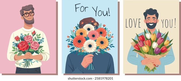 flower bouquets in wrapping and blooming plant hand holding man Compositions for a florist shop. Tulips, gerberas, roses. Happy holidays. Vector illustration isolated on color background.