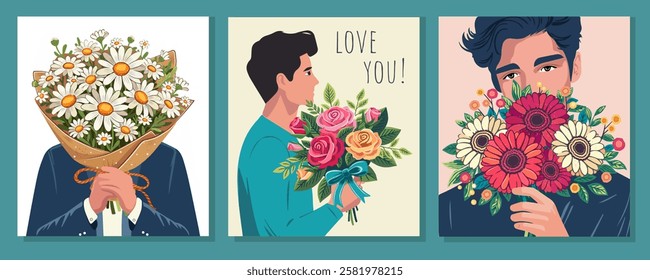 flower bouquets in wrapping and blooming plant hand holding man Compositions for a florist shop. Chamomile, gerberas, roses. Happy holidays. Vector illustration isolated on color background.