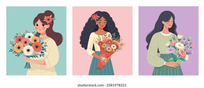 flower bouquets in wrapping and blooming plant hand holding woman Compositions for a florist shop. gerberas, wild flowers, eustomas. Happy holidays. Vector illustration isolated on color background.