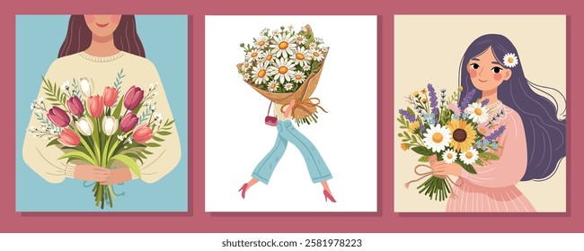 flower bouquets in wrapping and blooming plant hand holding woman Compositions for a florist shop. Chamomile, wild flowers, tulips. Happy holidays. Vector illustration isolated on color background.