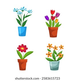 Flower bouquets in wrapping and blooming plant in clay or plastic flowerpots, wicker basket set. Tulip, rose and bud composition. Decorative florist shop items. Flat vector illustration.