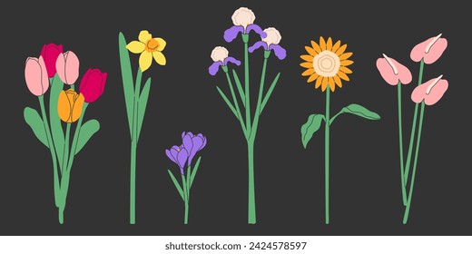 Flower bouquet.Spring and summer flowers, plants for decoration, blooming herbs isolated on black background.Hand drawn set.Vector illustration EPS 10
