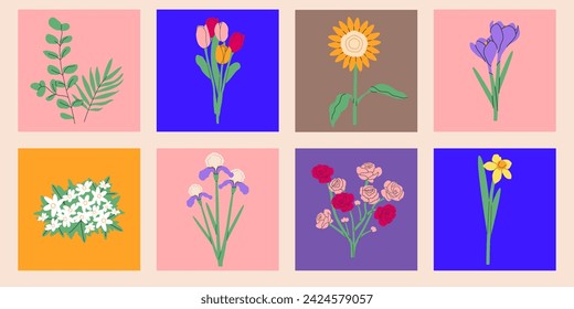 Flower bouquet.Spring and summer flowers, plants for decoration, blooming herbs isolated on colorful background.Hand drawn set.Vector illustration EPS 10.
