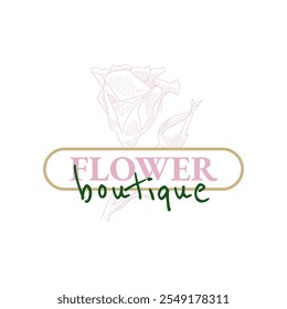 Flower boutique label. Pink rose hand drawn emblem or logo for branding and design. Flat Vector illustration
