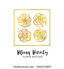 Flower boutique logo template. Bloom beauty. Floral gold card. Hand drawn design elements. Nature vector illustration.