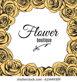 Flower boutique logo template in ivory roses frame. Trendy emblem for your flower shop. Vector illustration.