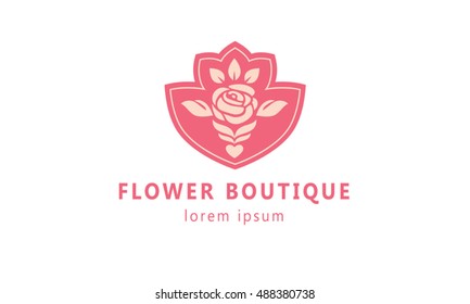 Flower boutique logotype vector design. Flower rose and leafs and heart in the form frame vector design logo template. Pink color design logotype.