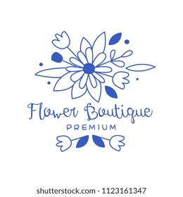 Flower boutique premium logo design, floral emblem, florists, flower shop badge hand drawn vector Illustration in blue color on a white background