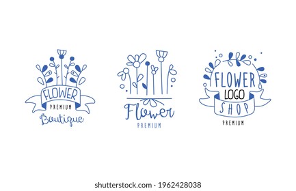 Flower Boutique Premium Logo Design Set, Floral Designer Shop Blue Hand Drawn Badges Vector Illustration