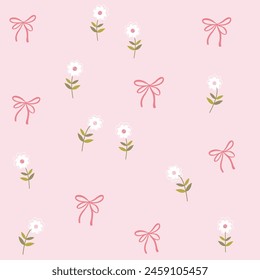 flower and bow seamless pattern on pastel pink background , vector illustration