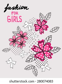 Flower and bow. T-shirt design. Fashion for girls. Vector.